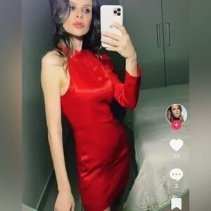 NWT ZARA ASYMMETRIC SATIN EFFECT DRESS RED